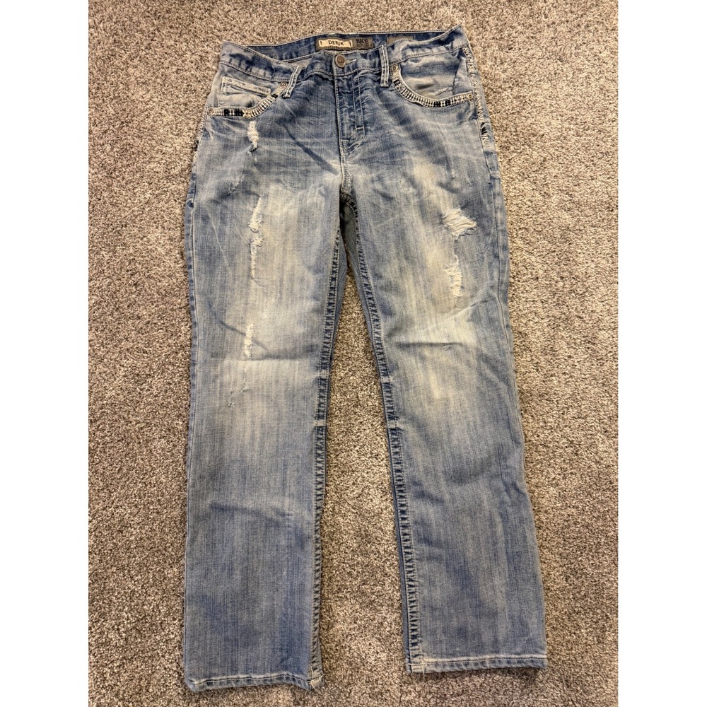 BKE Jeans Mens 34R Blue Derek Straight Leg Distressed Heavy Stitch Denim